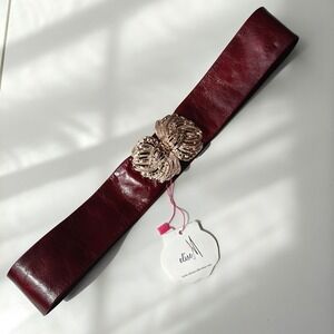 Elise M Bella Wine Burgundy Leather Belts Wide Waist Gold Buckle Size S/M New